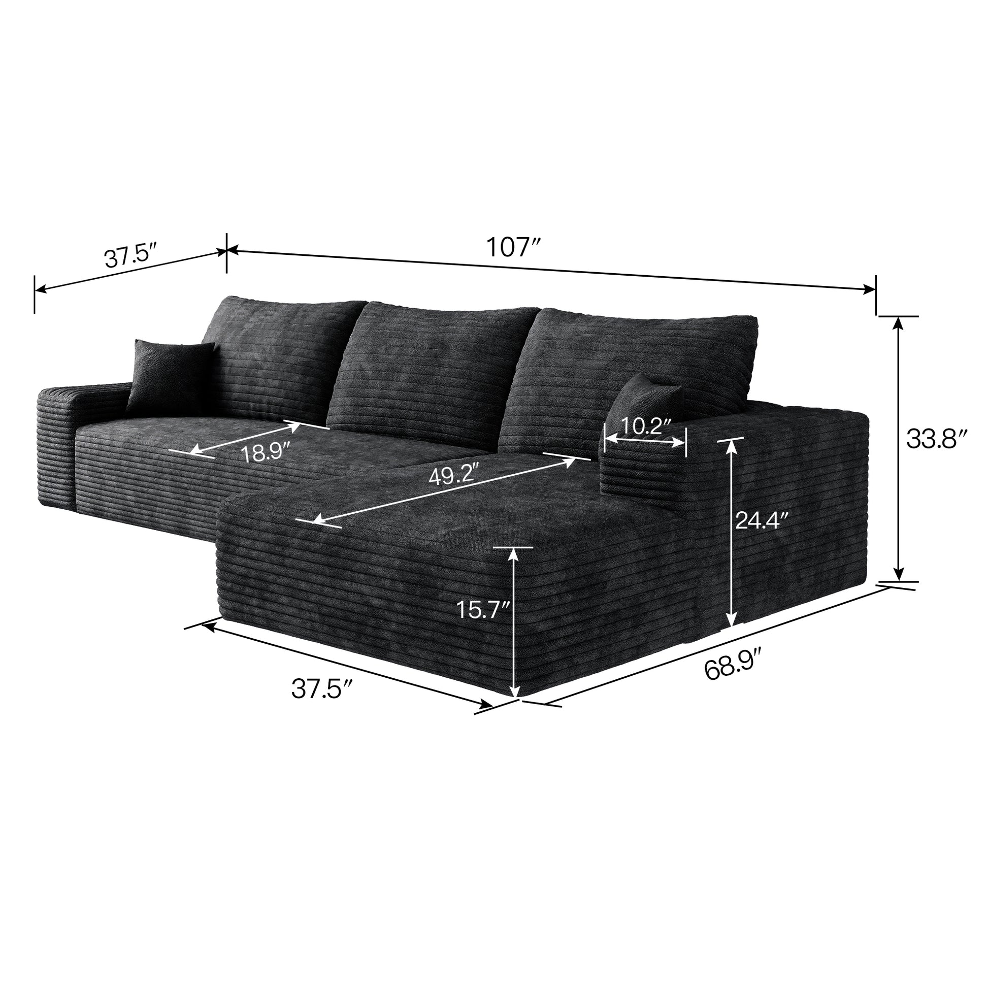 107" Cloud Sectional Couch with L-Shape Chaise,Modern Modular Sofa with Deep Seat, Upholstered Couches for Living Room Bedroom,No Assembly Required, BLACK(Plush Corduroy Fabric),Black image 6