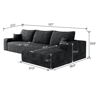 107" Cloud Sectional Couch with L-Shape Chaise,Modern Modular Sofa with Deep Seat, Upholstered Couches for Living Room Bedroom,No Assembly Required, BLACK(Plush Corduroy Fabric),Black image 6