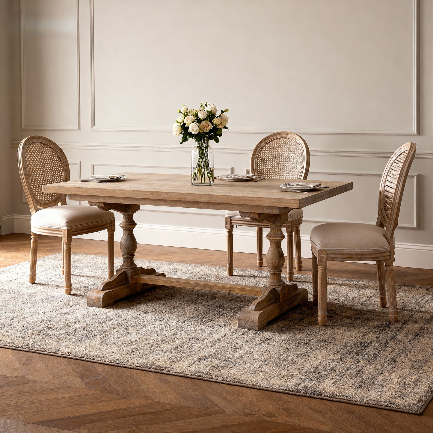 French Style Solid Wood Frame Linen Fabric Rattan Back Dining Chair,Set of 2, Beige image 9