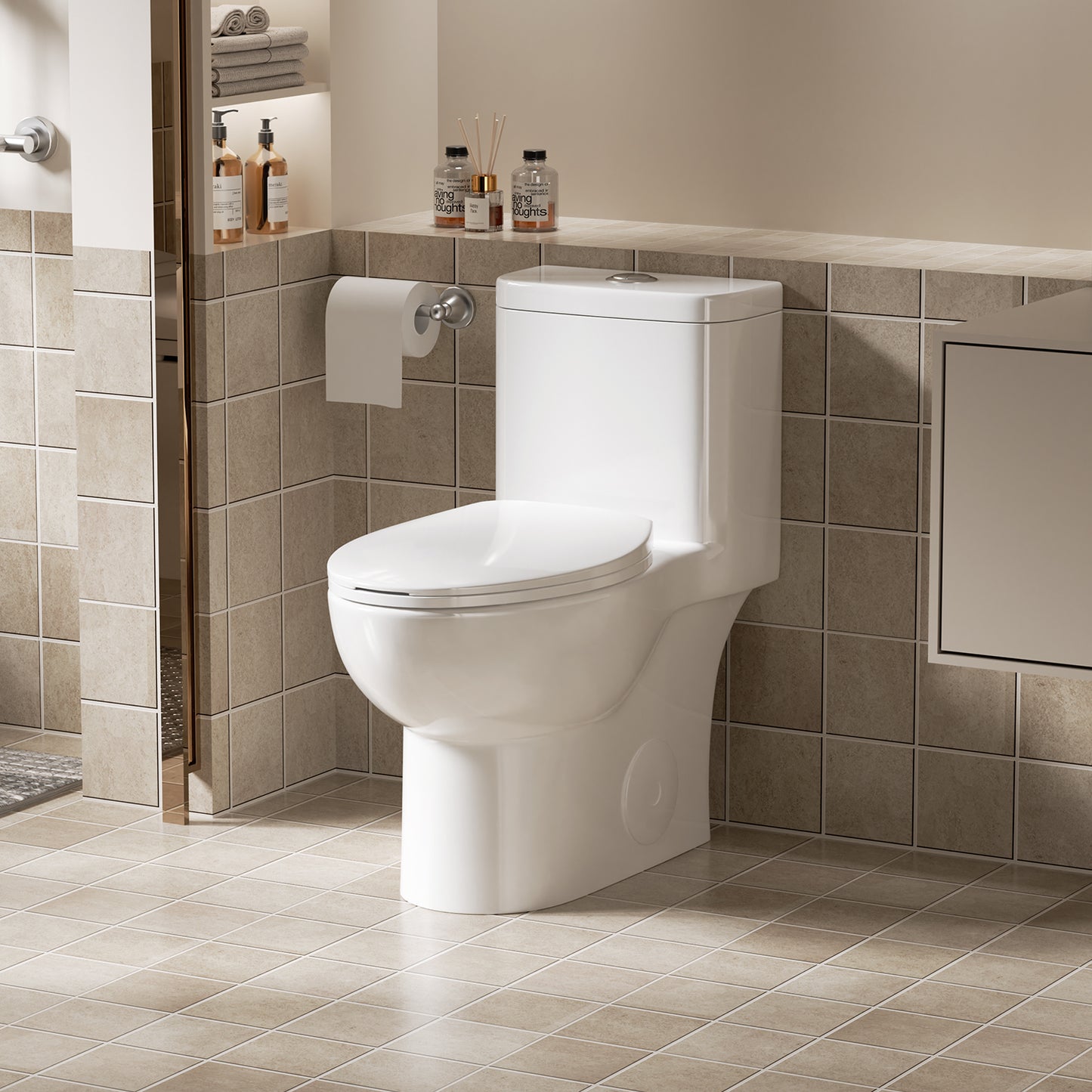 1.1/1.6 GPF Tornado Flush One-Piece Toilet with Comfort Chair Seat ADA Height 17",Powerful & Quiet Dual Flush Modern Toilet,Siphonic S-trap 12",Rimless Bowl with Soft Closing Seat,Gloss White GW-006 image 1