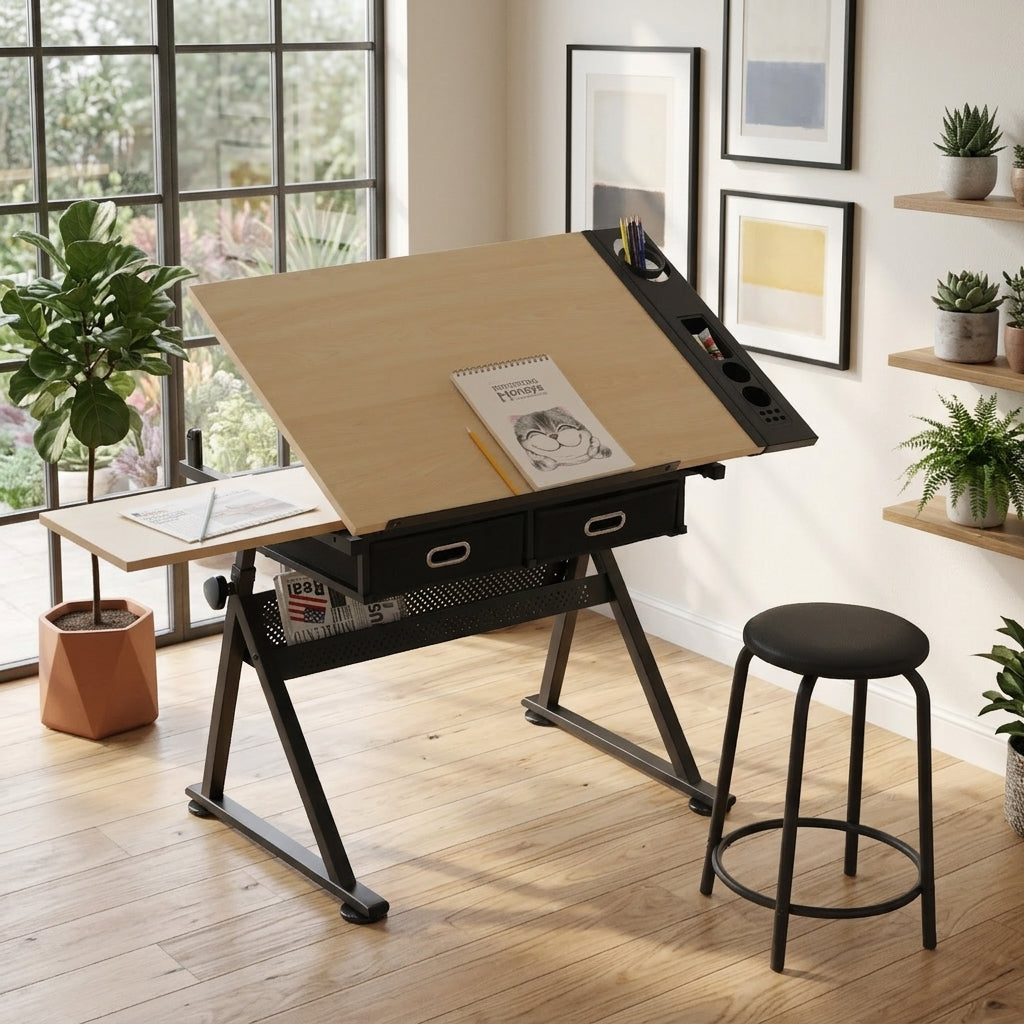 adjustable drawing drafting table desk with 2 drawers for home office and school with stool(maple) image 1