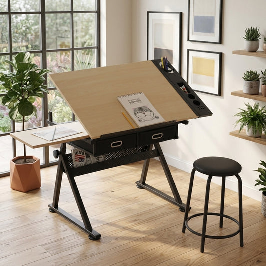 Adjustable drawing drafting table desk with two drawers and stool in maple - front view