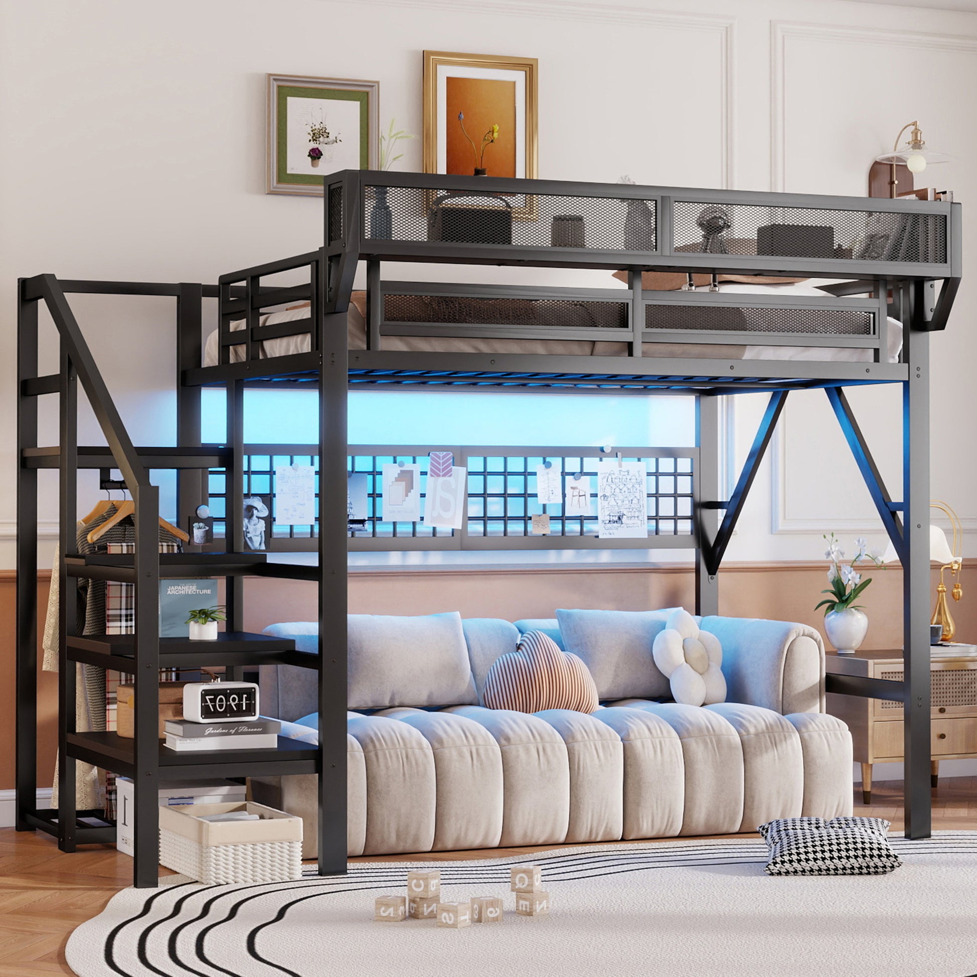 Full Size Loft Bed with Charging Station, Metal Full Loft Bed with Light and Storage, High Loft Bed with Wardrobe and Storage for Kids Teens Adults, Black(Old SKU W2580S00051) image 7