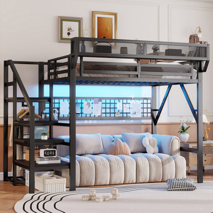 Full Size Loft Bed with Charging Station, Metal Full Loft Bed with Light and Storage, High Loft Bed with Wardrobe and Storage for Kids Teens Adults, Black(Old SKU W2580S00051) image 7
