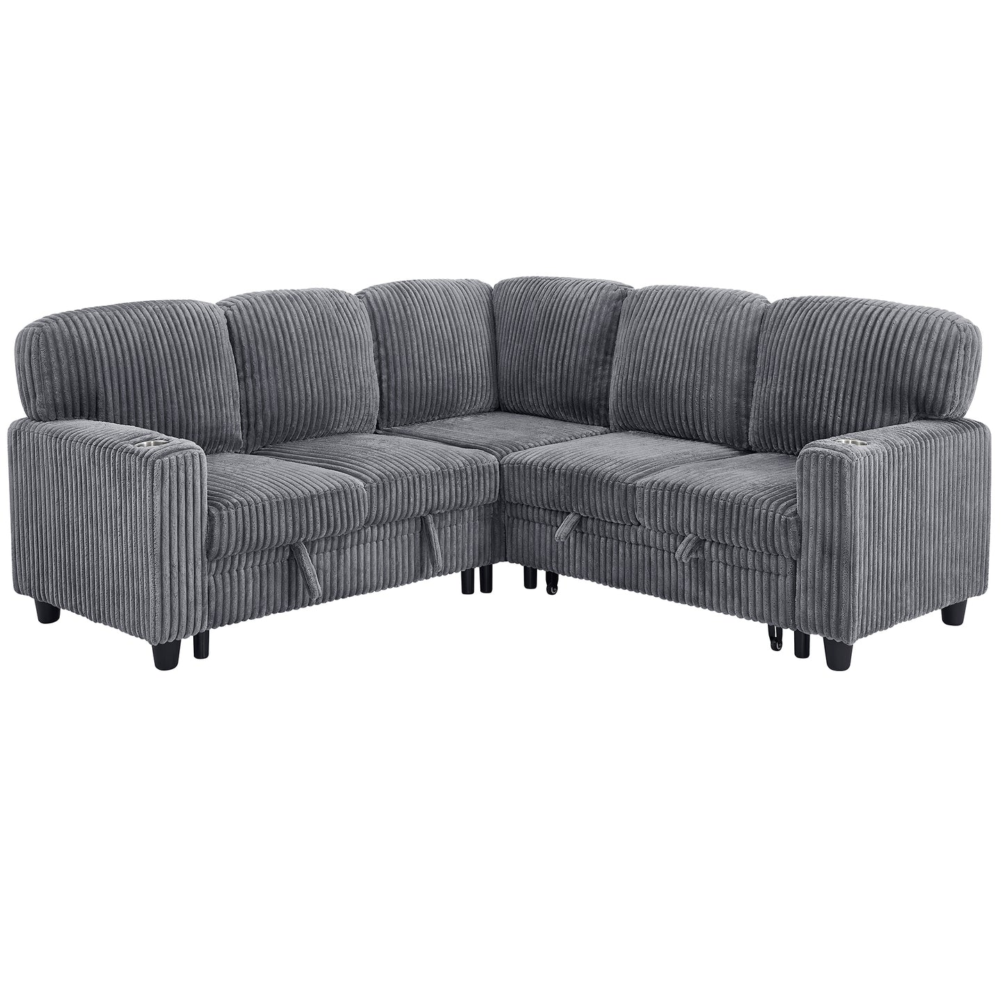 L-Shaped Sectional Sofa Bed with Pull-Out Bed & Storage, 5-Seat Sleeper Couch with USB Charging, Convertible Design for Living Room, Apartment, Corduroy Fabric, Grey image 12