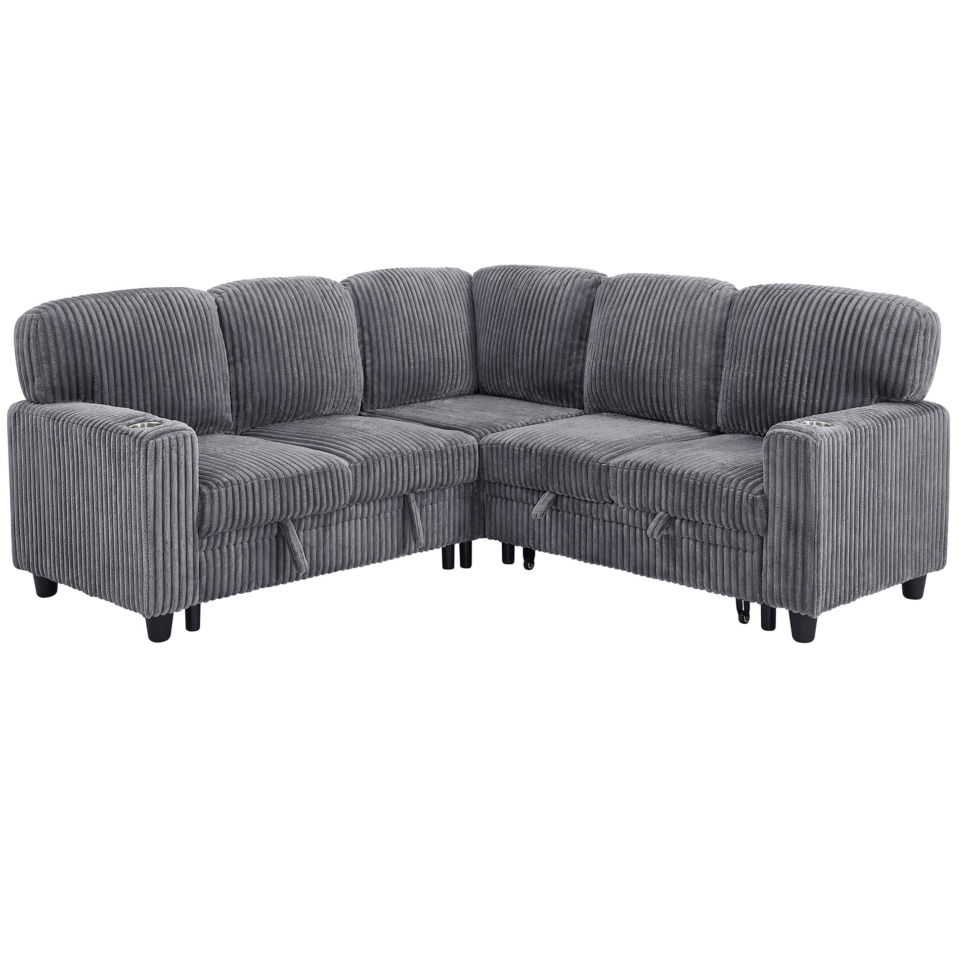 L-Shaped Sectional Sofa Bed with Pull-Out Bed & Storage, 5-Seat Sleeper Couch with USB Charging, Convertible Design for Living Room, Apartment, Corduroy Fabric, Grey image 12