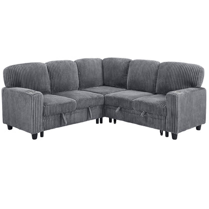 L-Shaped Sectional Sofa Bed with Pull-Out Bed & Storage, 5-Seat Sleeper Couch with USB Charging, Convertible Design for Living Room, Apartment, Corduroy Fabric, Grey image 12