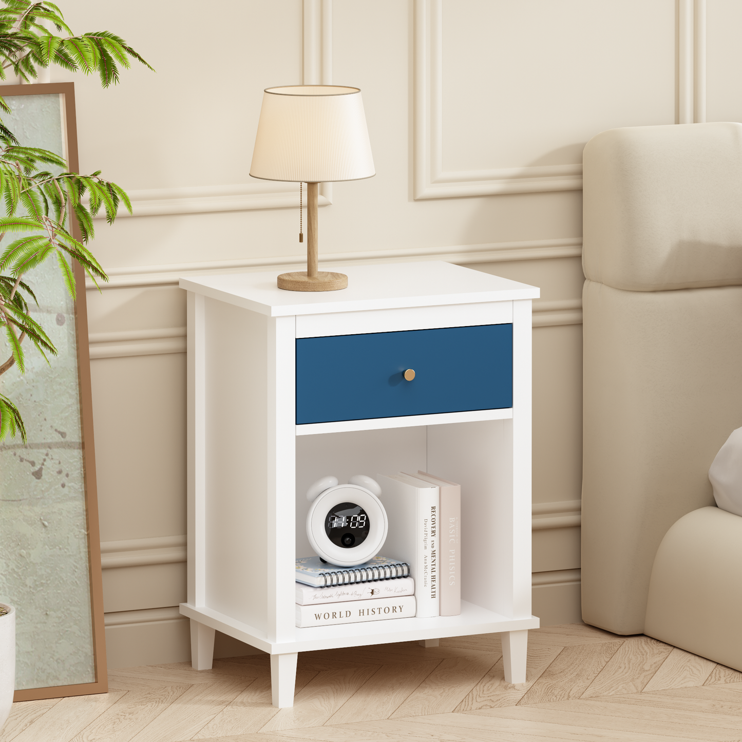 26.77''H Wooden Nightstand with One Drawer One Shelf for Kids, Adults, Navy+Golden handle image 11