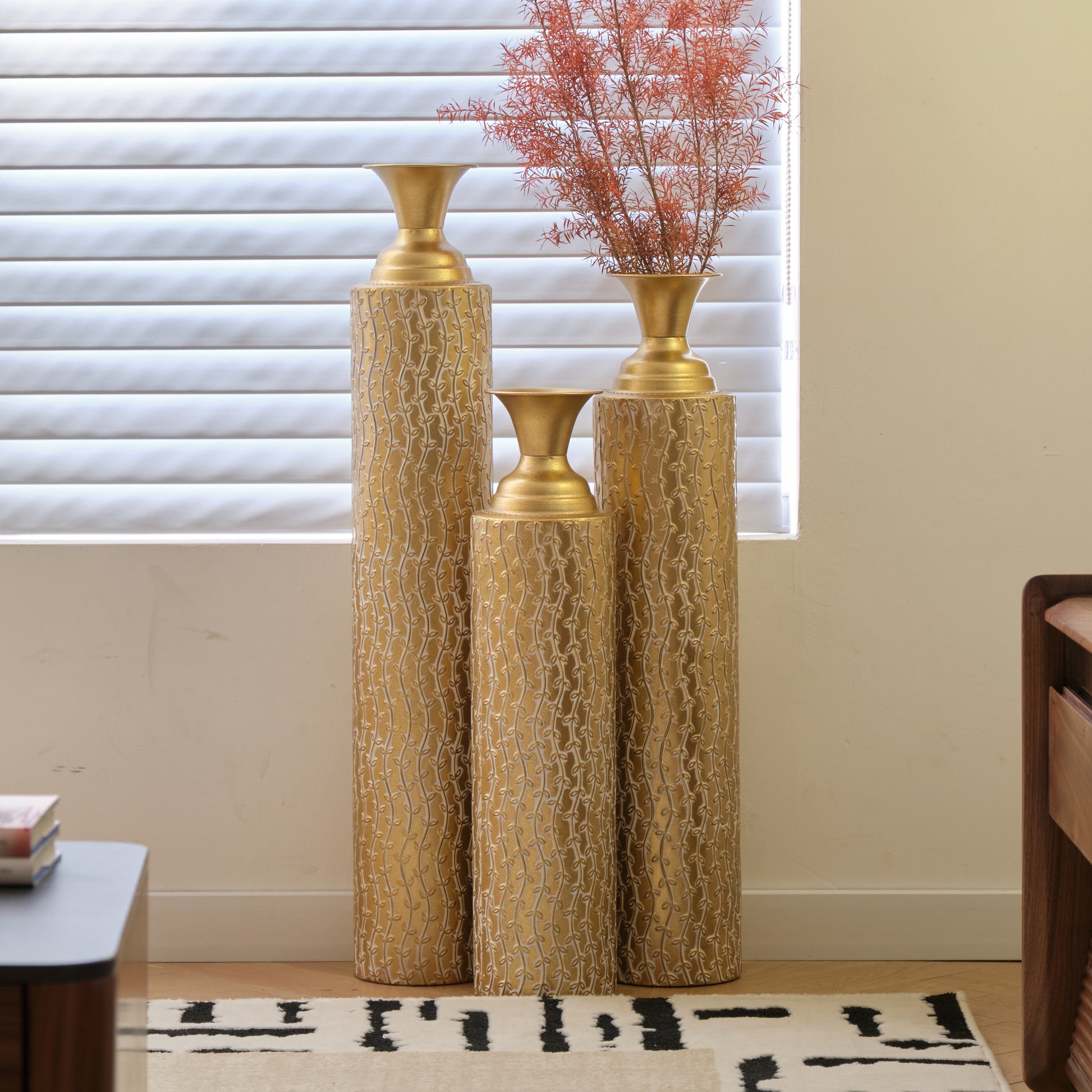 Metal decorative vases High distress metal center vases with growing vine patterns, set of 3 vases for home decoration 34 ", 29 ", 25 "H, gold image 4