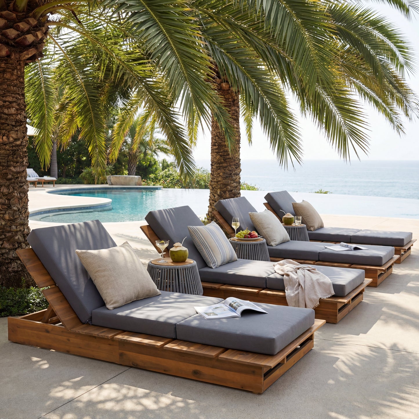 Acacia Wood Chaise Lounge with 4" Thick 3-Fold Dark Gray Movable Cushion – Wide Teak Finish Patio Lounger, 3-Position Recliner, 400 lbs Capacity image 9