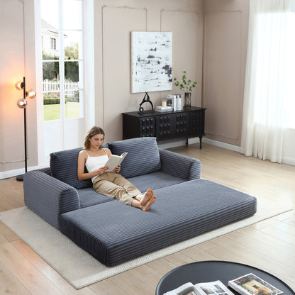 2-in-1 Folding Convertible Sofa Bed, Modern Corduroy Sleeper Couch with 2*pillows, Futon Modular Upholstered Boneless Sofa with Pull-Out Bed,Folding Floor Modular Couch for Living Room Grey image 2