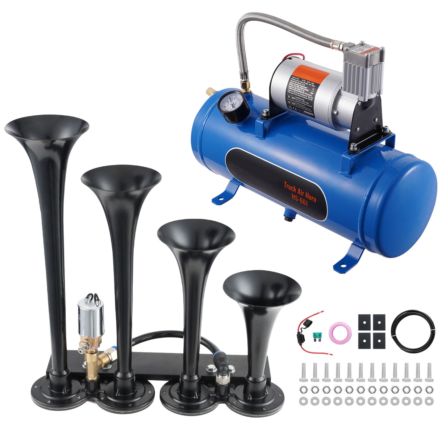 Train Horns Kit, 4 Trumpet Air Horn Kit, 150dB Train Horns for Pickup Trucks, 12V 120 psi Air Compressor 1.6 Gal/6 L Tank with Gauge for Any 12V Vehicle Car Truck Train Van Boat image 9