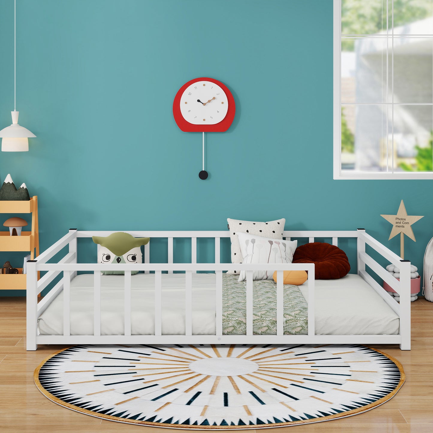 Full Size Floor Bed, Low Profile Metal Platform with Heavy Duty Guardrails, No Box Spring Needed, White image 1