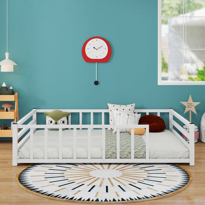 Full Size Floor Bed, Low Profile Metal Platform with Heavy Duty Guardrails, No Box Spring Needed, White image 1