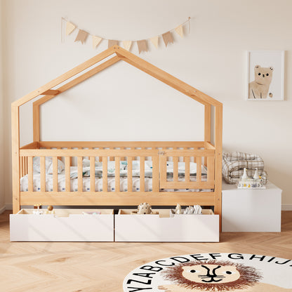 Toddler Bed with Storage Drawers & Lift-Top Chest, Solid Wood Bed with Safety Railings & Gate, Playhouse Bed Frame for Kids, Compatible with standard US toddler mattresses, Natural Wood & White image 3