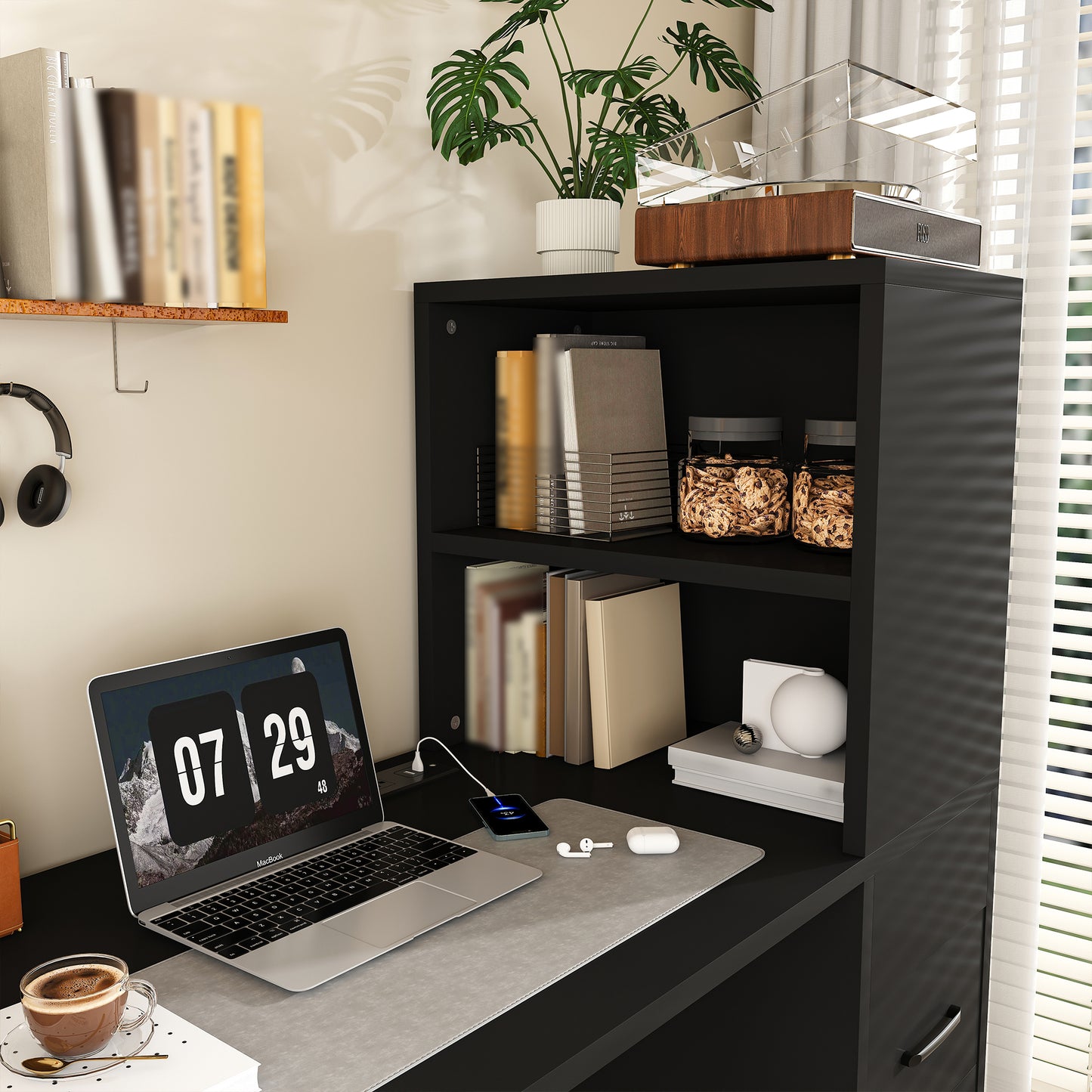 Black Computer Desk with 4-in-1 Socket, the Desk with 3 Slide Drawers and 4 Storage Levels, the Wooden Desk is Suitable for a Variety of Places image 9