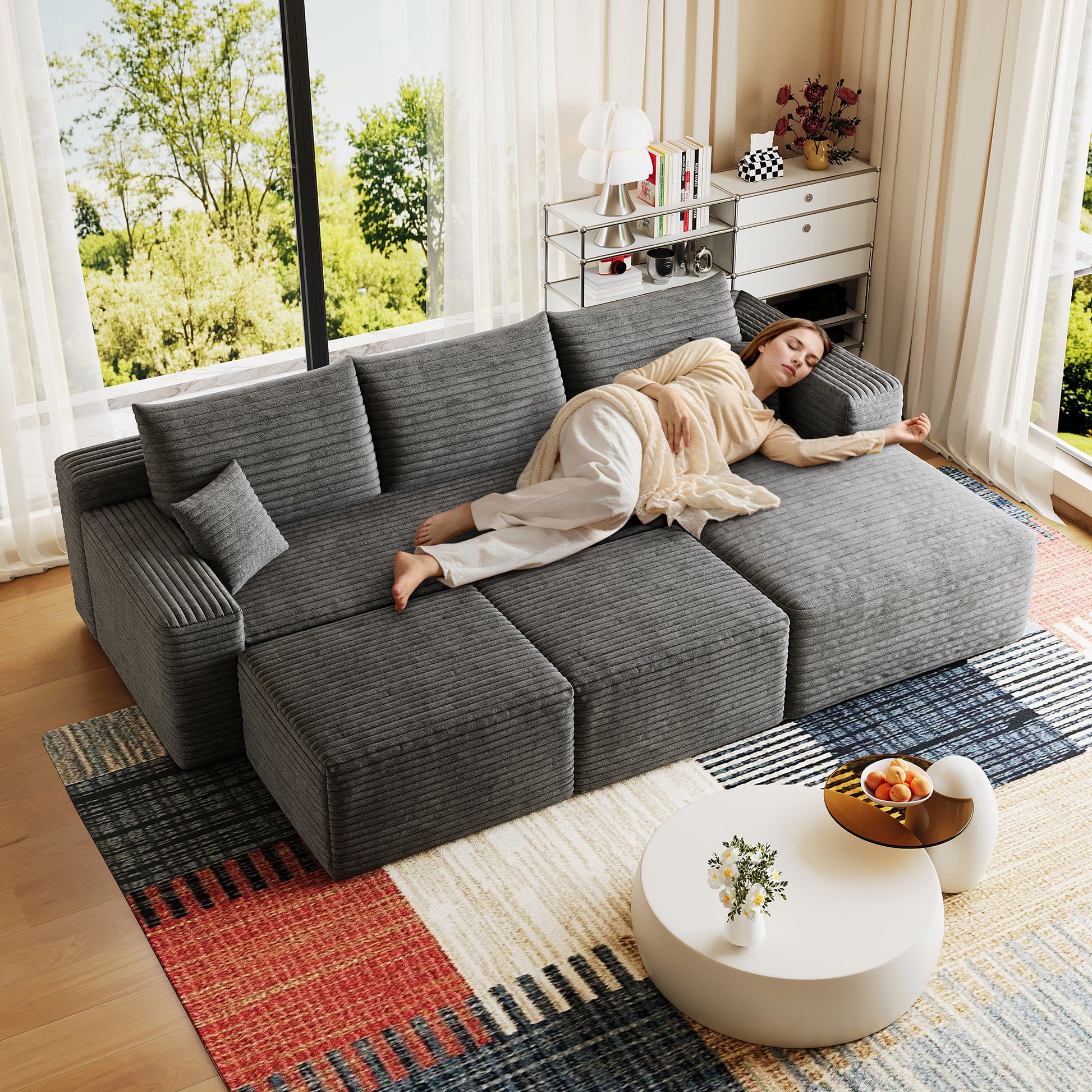 95" Cloud Sectional Sofa with 2 Ottoman,Modern Minimalist Upholstered Couches, Comfort U Shaped Sofa for Living Room,Deep Seat Corner Couch,No Assembly Required,Dark Grey(Plush Corduroy Fabric) image 3
