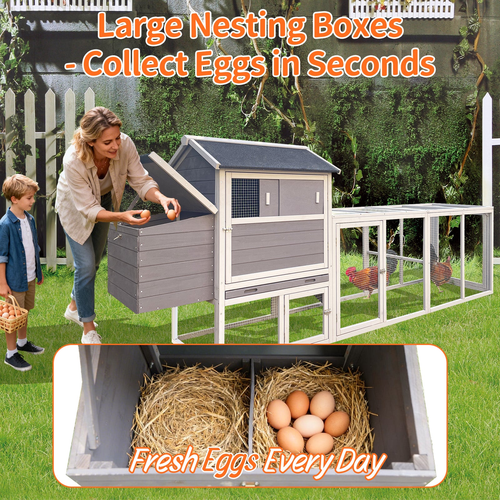 Gray Wooden Chicken Coop, Large Outdoor Hen House with Run and Nesting Box Poultry Cage, Rabbit Hutch, Waterproof Anti-UV Panel for Backyard image 6