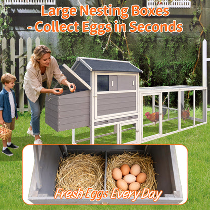 Gray Wooden Chicken Coop, Large Outdoor Hen House with Run and Nesting Box Poultry Cage, Rabbit Hutch, Waterproof Anti-UV Panel for Backyard image 6