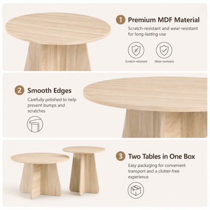 Retro-style nesting coffee table set. Available in walnut or natural wood finishes. Round nesting side tables with crisscross legs. Ideal for living rooms and dining rooms. image 9