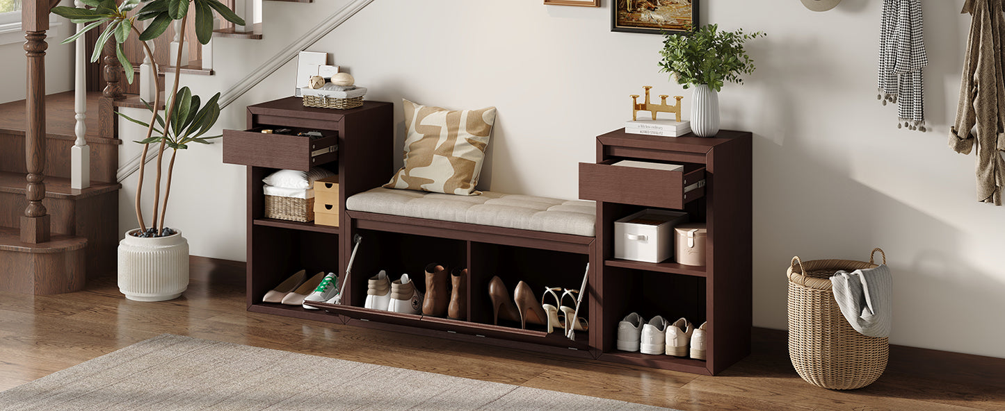 TREXM All-in-One Entryway Storage Bench with Cushion, Compartments, Drawers & Open Shelves, Storage Bench for Hallway, Mudroom, Living Room(Espresso) image 5