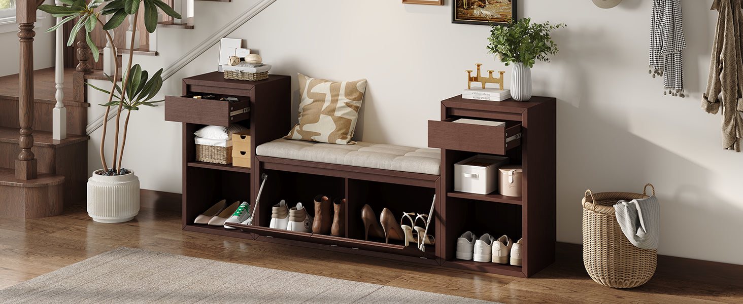 TREXM All-in-One Entryway Storage Bench with Cushion, Compartments, Drawers & Open Shelves, Storage Bench for Hallway, Mudroom, Living Room(Espresso) image 5
