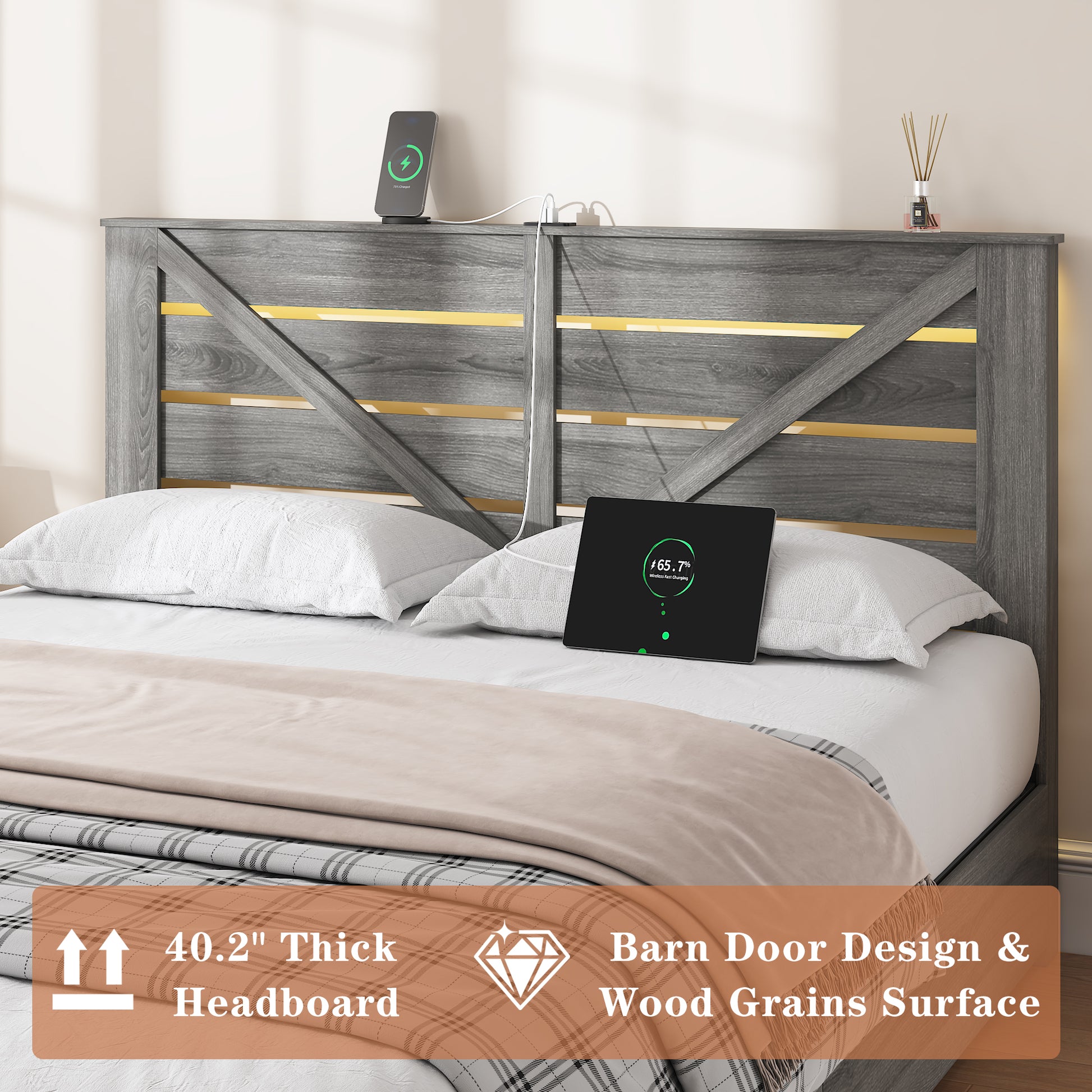 Queen-size Storage Bed Frame with Storage Headboard (4 Storage Drawers on Bed Body + LED Lighting) – Anti-slip & Noise-free Metal Mattress Support Platform + Sturdy Metal Slat Base, Grey image 4