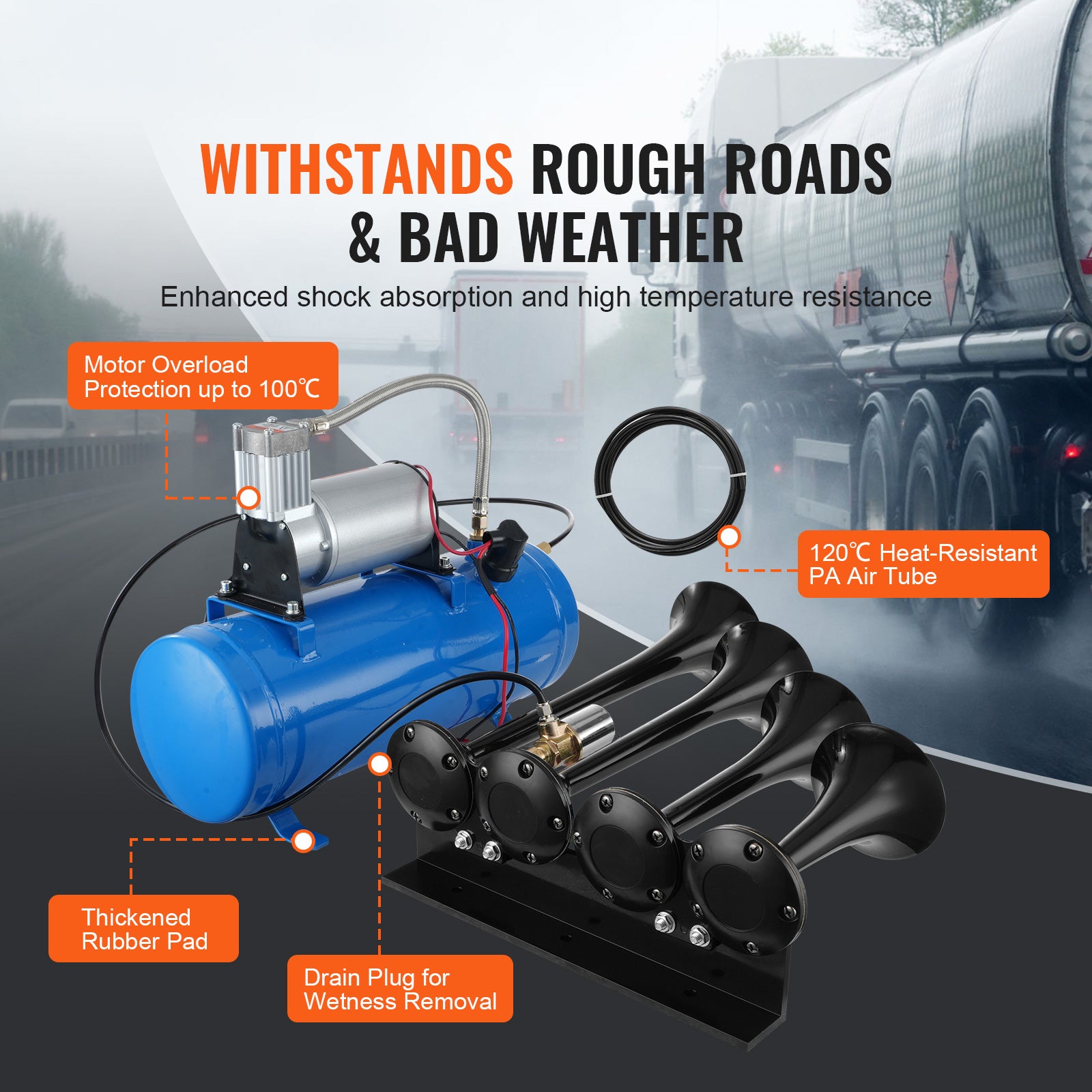 Train Horns Kit, 4 Trumpet Air Horn Kit, 150dB Train Horns for Pickup Trucks, 12V 120 psi Air Compressor 1.6 Gal/6 L Tank with Gauge for Any 12V Vehicle Car Truck Train Van Boat image 4
