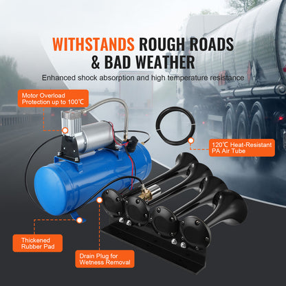 Train Horns Kit, 4 Trumpet Air Horn Kit, 150dB Train Horns for Pickup Trucks, 12V 120 psi Air Compressor 1.6 Gal/6 L Tank with Gauge for Any 12V Vehicle Car Truck Train Van Boat image 4
