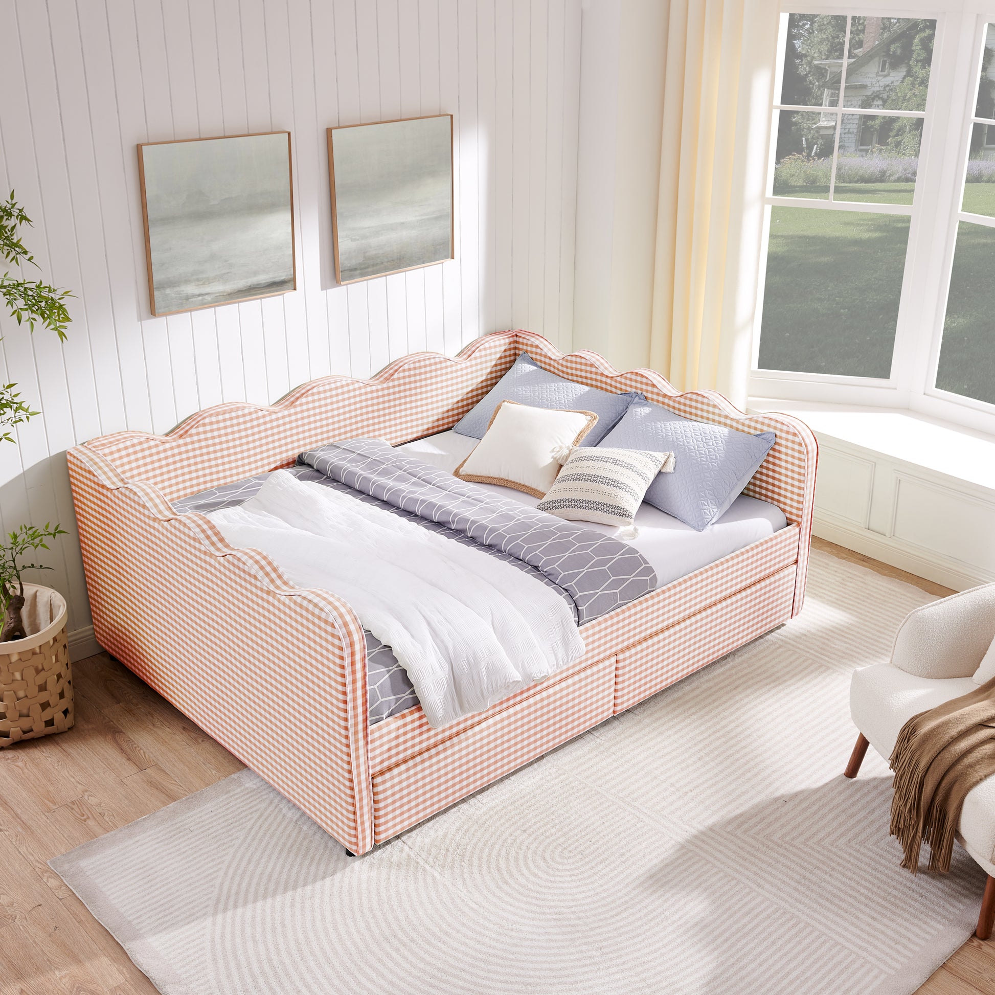 Queen Size Cozy Gingham Daybed with Two Storage Drawers, with USB Port and Adorable Wave Shaped, Linen Fabric image 3
