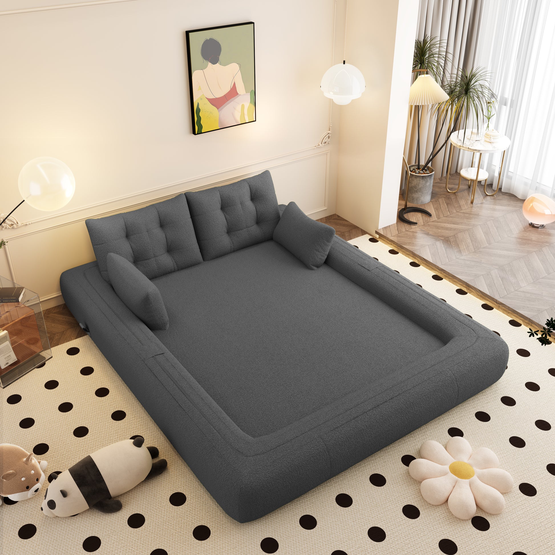 Human Dog Bed, Lazy Sofa Couch, 78.7" Multi-Functional Foldable Sofa Bed, 3-in-1 Sherpa Fleece Fabric Foam-Filled Sleeper Sofa Bed for Living Room,Guest Bed,Playroom,GREY image 4
