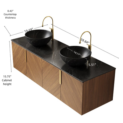 ARAI 60" Bathroom Vanity&Sinks, Floating Plywood Bathroom Storage Cabinet with 4 Doors, 2 Black Bowl Ceramic Basin with Stone Pattern&Black Sintered Stone Countertop, Brown Oak Woodgrain (New SKU) image 5