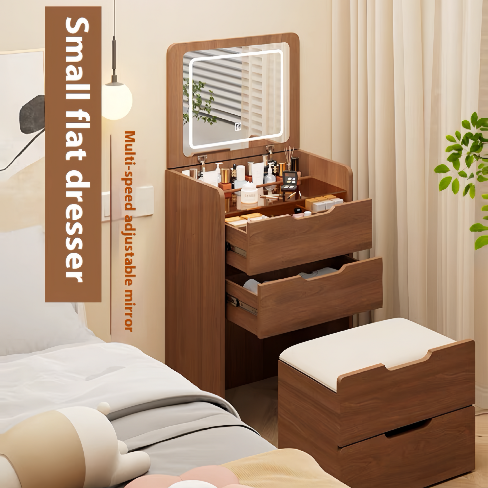 (48cm)(Walnut) 3 in 1 Vanity Desk with Plip Top Mirror,Small Make Up Vanity Set with Visible Glass Desktop, Compact Makeup Vanity with 3 Drawers, Dressing Table image 3