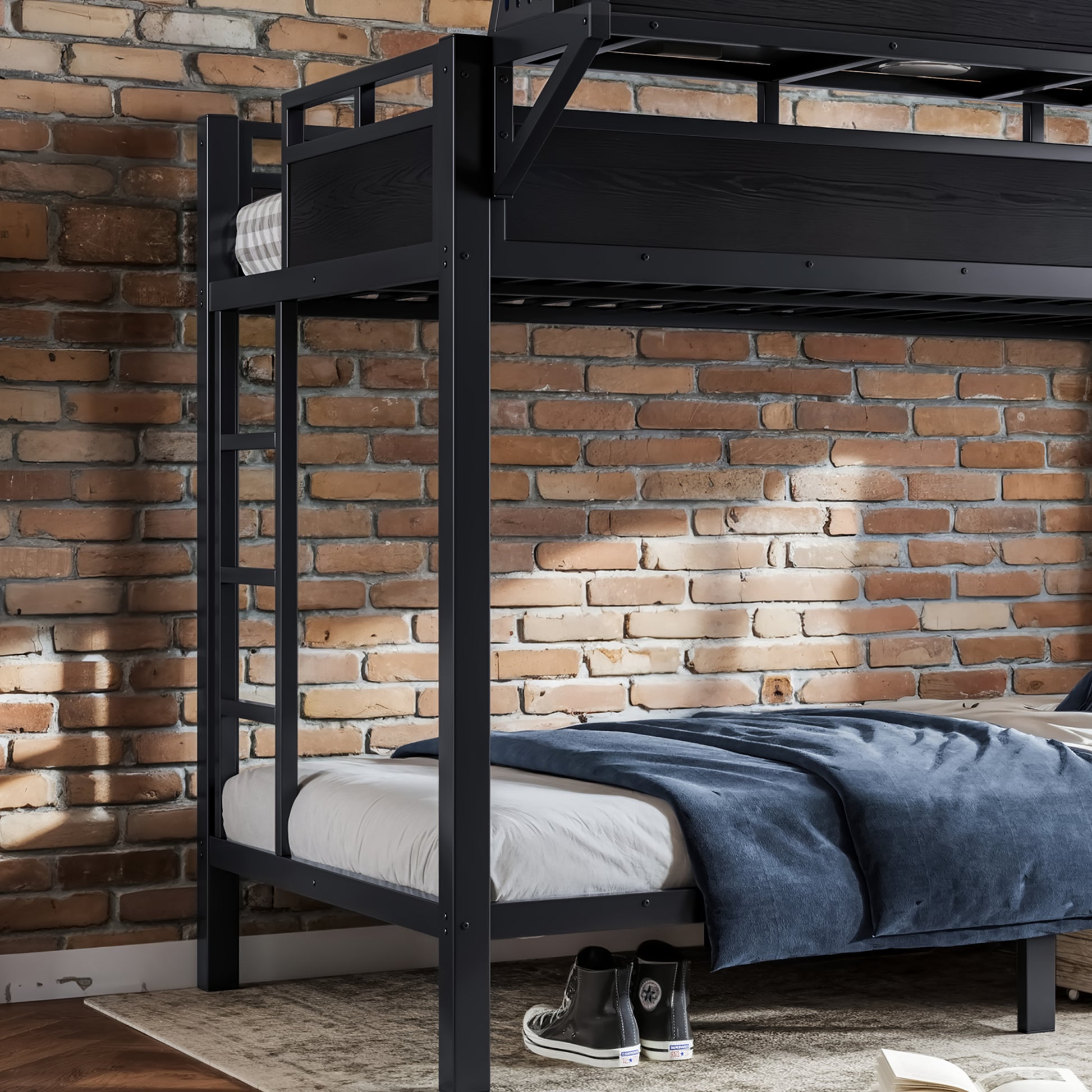 Twin XL over Twin XL Size Metal Bunk Bed with Storage Shelves and Pegboard, Bunk Bed Frame with USB Ports and LED Lights, Space-Saving, for Teens and Adults, Black image 6