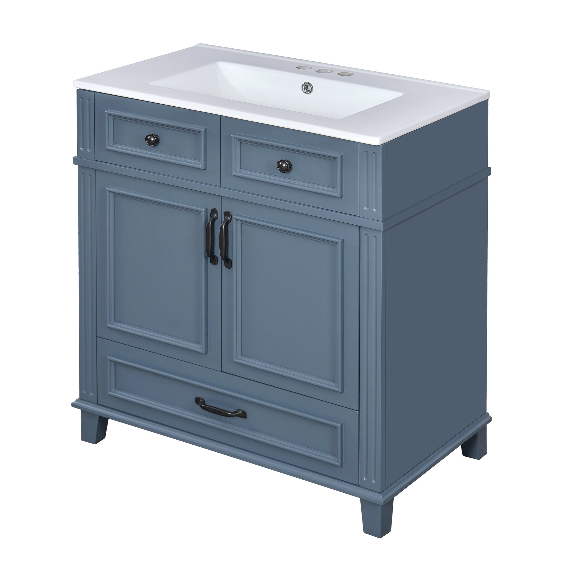30'' Bathroom Vanity with Ceramic Sink,Solid Wood Frame Bathroom Storage Cabinet with Soft Closing Doors,Retro Style, Blue image 10