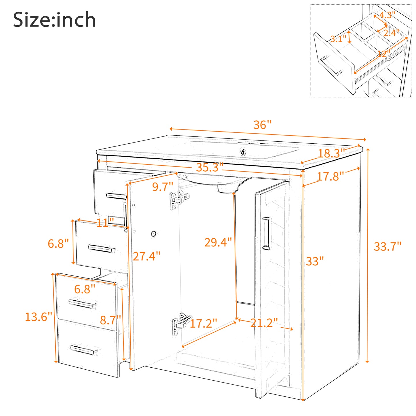 36'' Bathroom Vanity with Ceramic Sink Combo, Solid Wood Frame Bathroom Storage Cabinet, Freestanding Vanity Set with 3 Drawers& Soft Closing Doors image 9