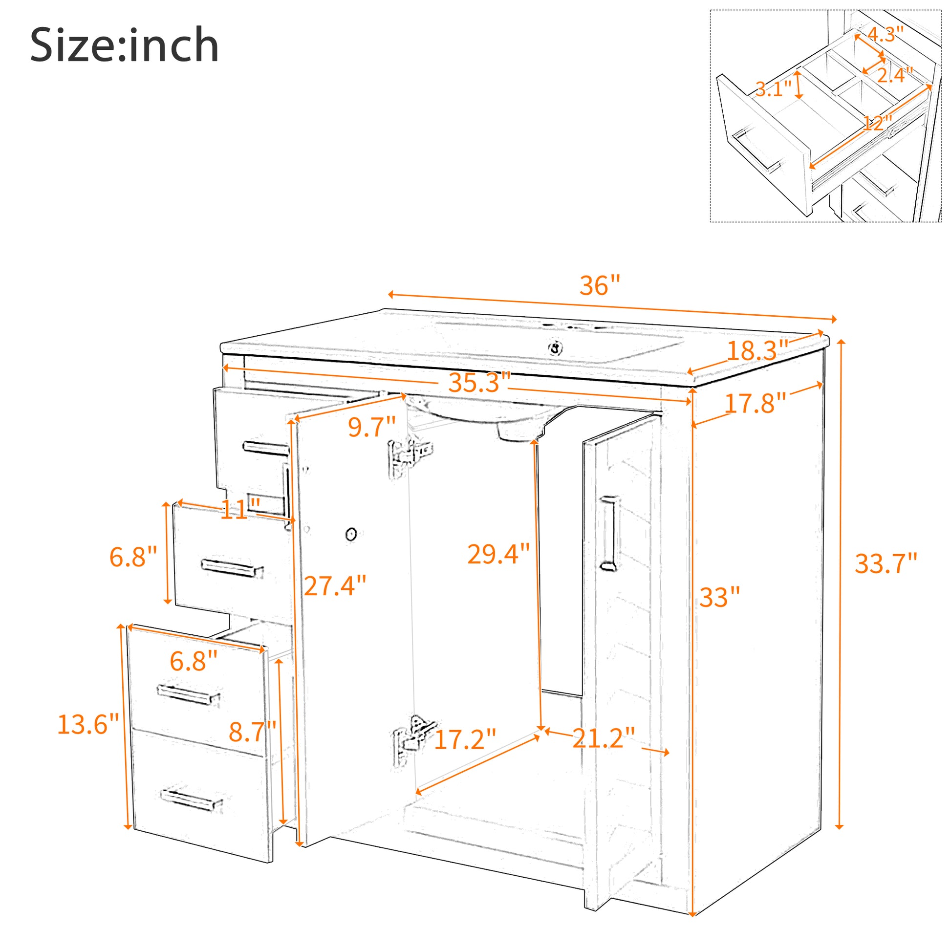 36'' Bathroom Vanity with Ceramic Sink Combo, Solid Wood Frame Bathroom Storage Cabinet, Freestanding Vanity Set with 3 Drawers& Soft Closing Doors image 9