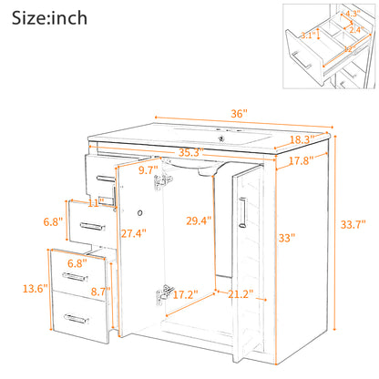 36'' Bathroom Vanity with Ceramic Sink Combo, Solid Wood Frame Bathroom Storage Cabinet, Freestanding Vanity Set with 3 Drawers& Soft Closing Doors image 9