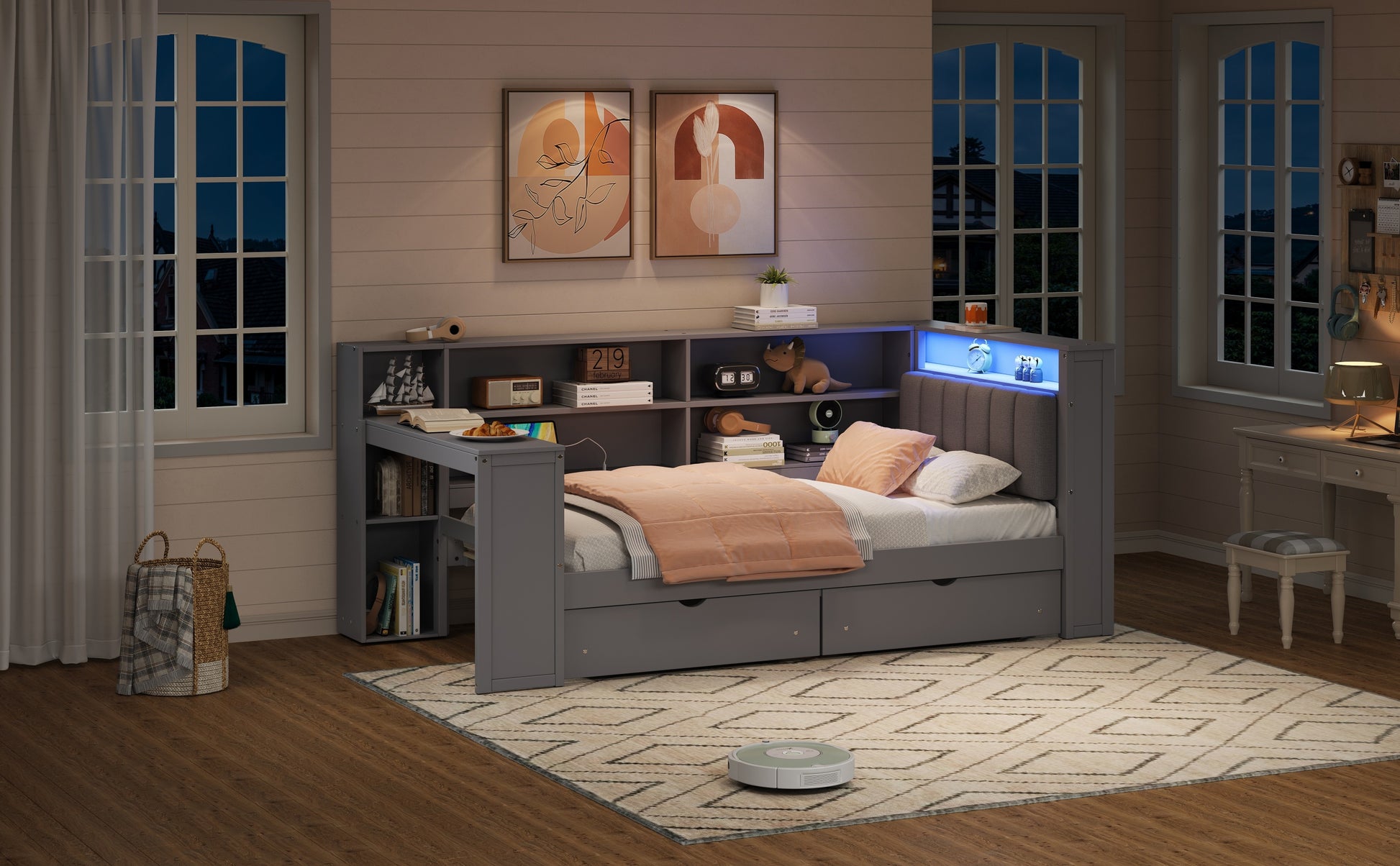 Wood Twin Size Platform Bed with Storage Shelves, Drawers, Charging Station, LED, Desk and Upholstered Headboard, Grey+ Grey Cushion image 5