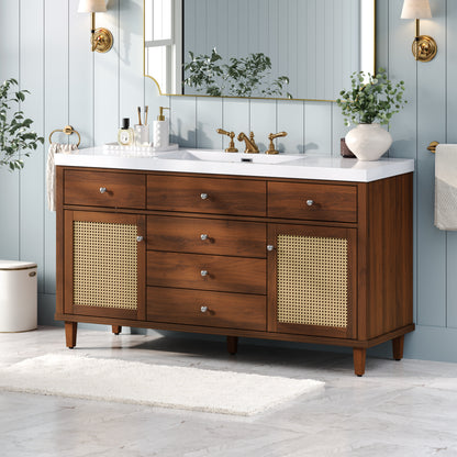 60" Bathroom Vanity with SMC Sink, Modern Large Storage Bathroom Storage Cabinet with Soft Close Drawers and Rattan Doors, Silver Metal Knobs and 5 Pine Legs, Brown image 1