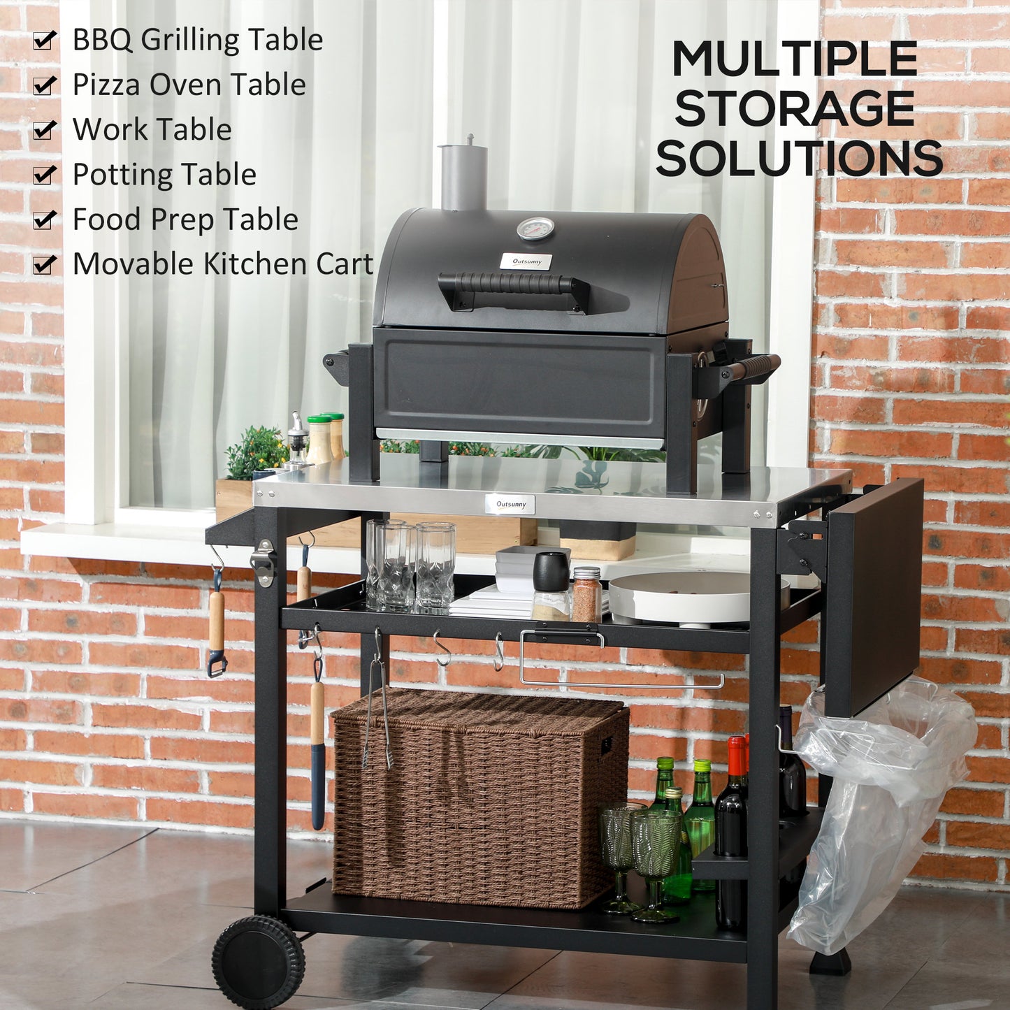 Outsunny Outdoor Grill Cart with Foldable Side Table, 46" x 21.75" Multifunctional Stainless Steel Pizza Oven Stand with Three-Shelf, Movable Food Prep Table on Wheels, Black image 8