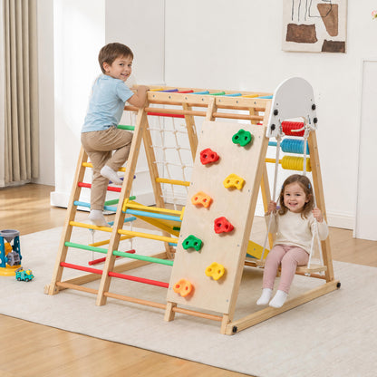 9-in-1 Foldable Kids Climbing Frame & Slide, Wooden Toddler Playground with Swing, Monkey Bars, Climbing Rock, Abacus Game – Indoor Outdoor Playset for Ages 3+, Natural Wood, 176LBS Capacity image 1