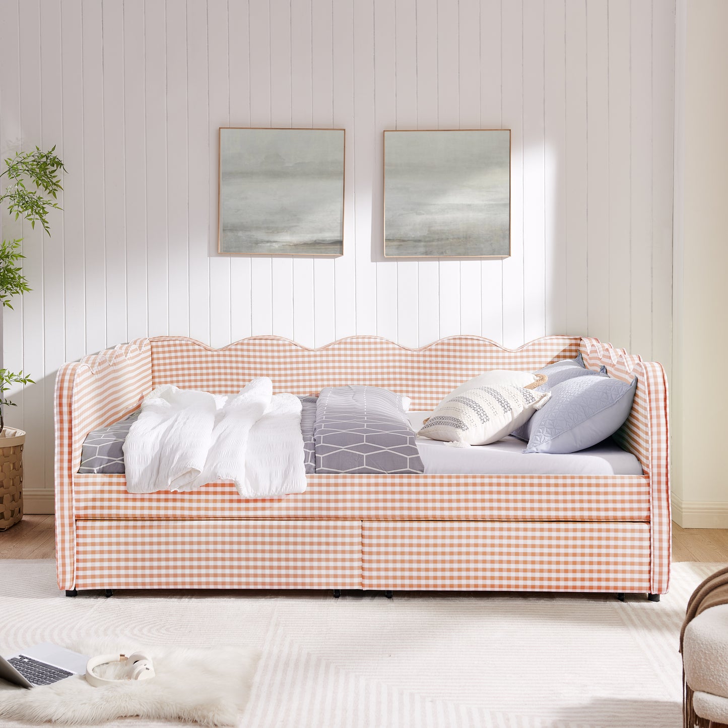 Queen Size Cozy Gingham Daybed with Two Storage Drawers, with USB Port and Adorable Wave Shaped, Linen Fabric image 2