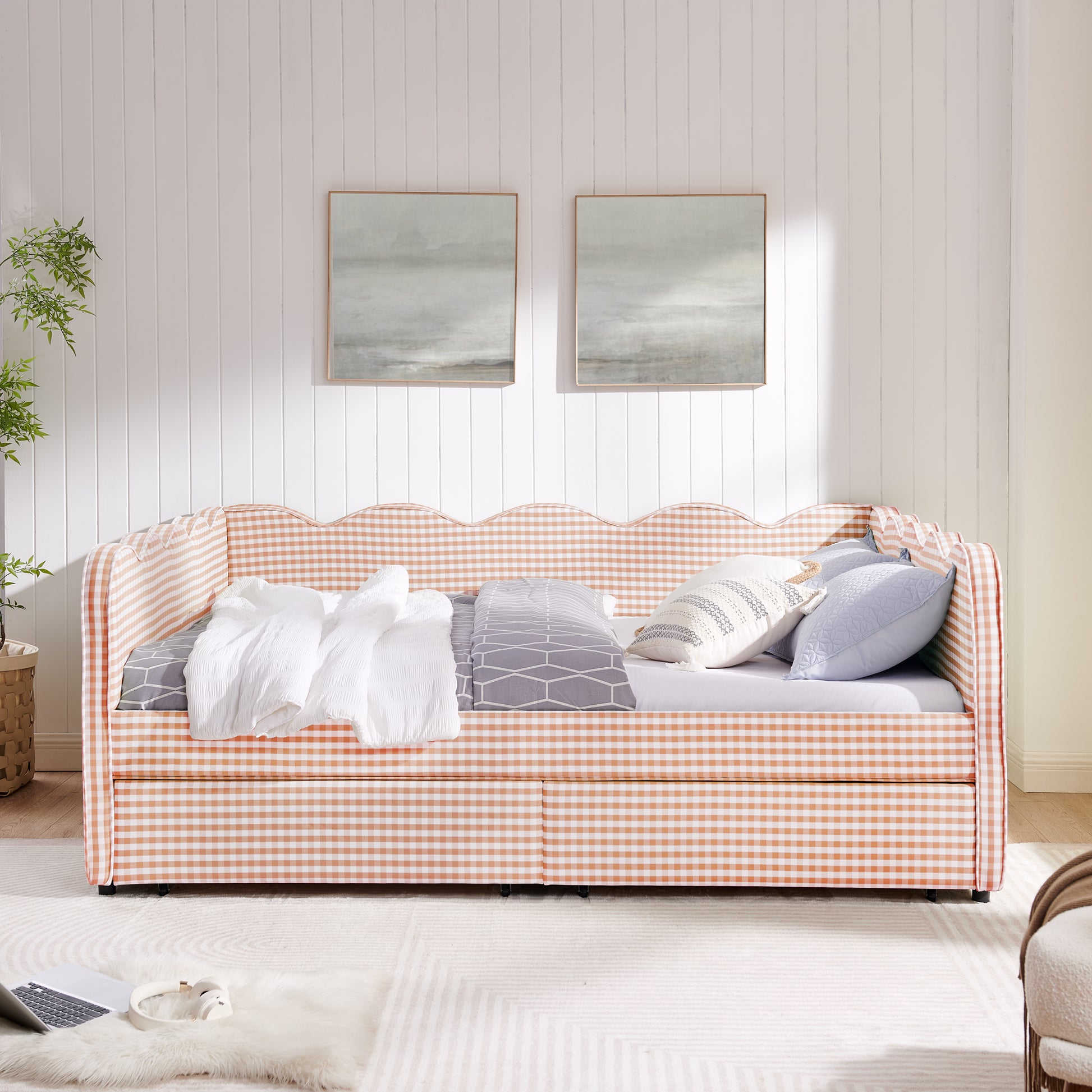Queen Size Cozy Gingham Daybed with Two Storage Drawers, with USB Port and Adorable Wave Shaped, Linen Fabric image 2