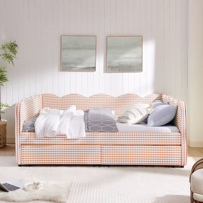 Queen Size Cozy Gingham Daybed with Two Storage Drawers, with USB Port and Adorable Wave Shaped, Linen Fabric image 2