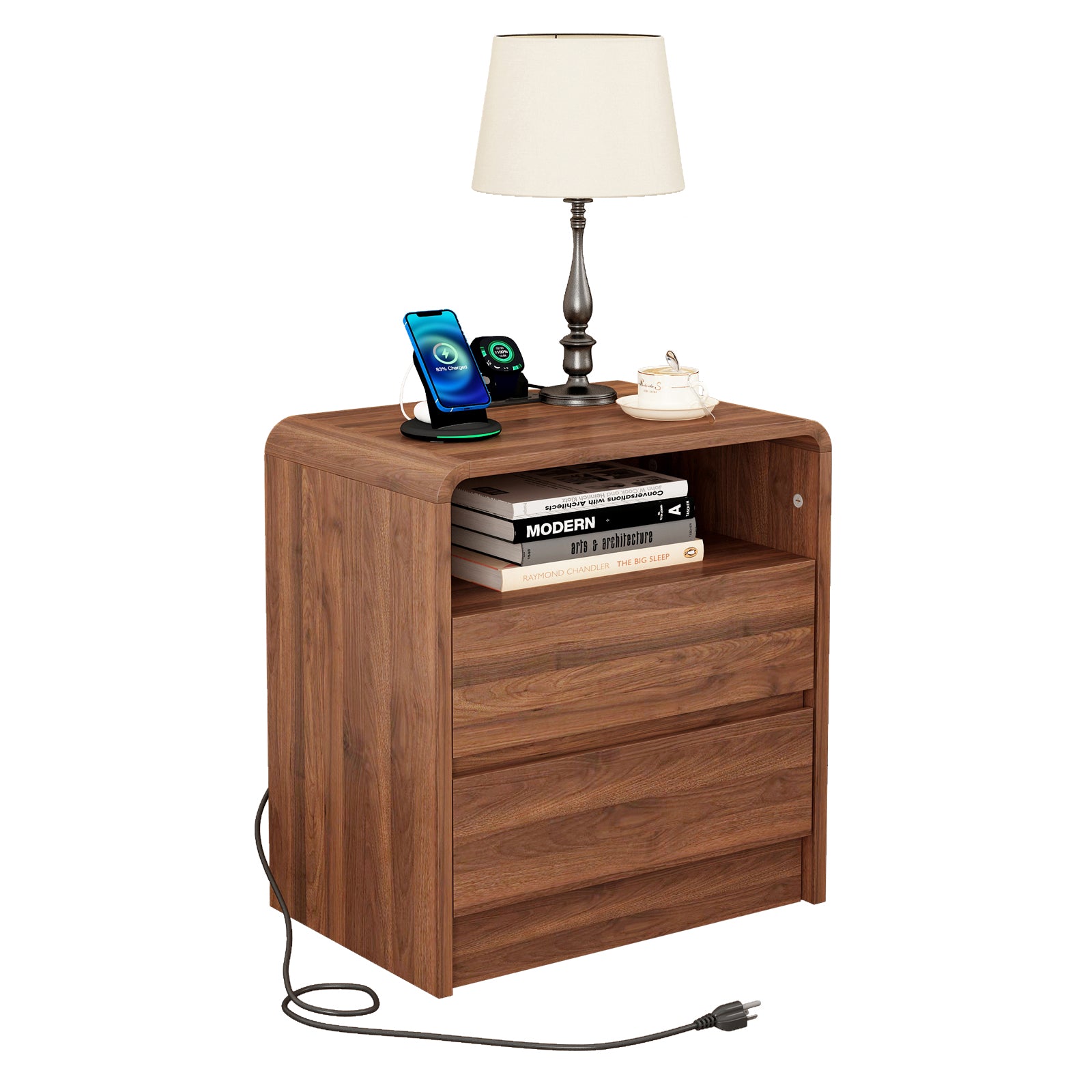 25" Tall Modern Nightstand with Charging Station, 23.6'' Wide Wood Bedside Table w/2 Storage Drawers, Large Mid Century End Table for Bedroom, Living Room, Curved Profile Design (WALNUT) image 5