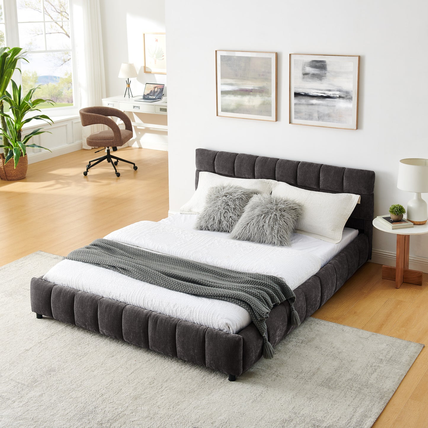 Queen Size Upholstered Bed,comfortable upholstered bed frame, Chenille fabric, with headboard and solid bed frame. With drawer for storage.-Dark Gray(88.5''*68.5''*31'') image 2