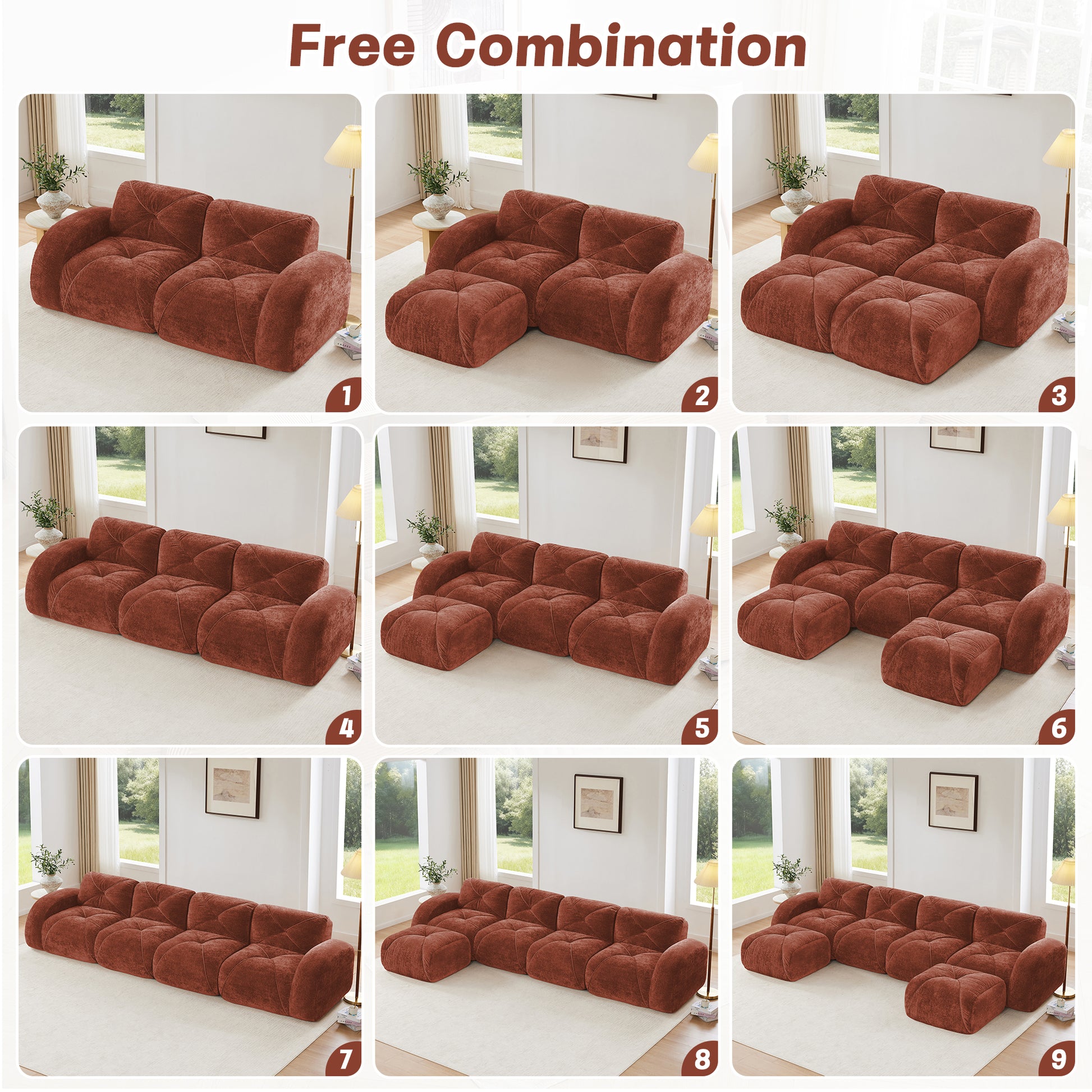 140''Soft Velvet Fabric,Boneless Sofa With Tufted,32D High Density Sponge,Ergonomic Design Bottom,No Assembly Required,Bottom Anti-Slip Design,For Living Rooms,Home Theater,Red Brown image 7