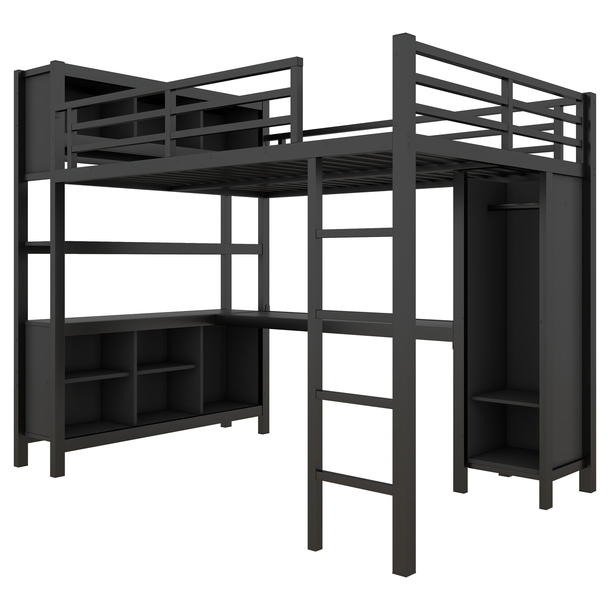 Metal Loft Bed with Wardrobe And L-shaped Desk, Full Size Loft Bed with Storage Cubes and Shelves, Heavy Duty Loft Bed for Kids Teens Adults, Black image 9