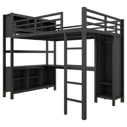 Metal Loft Bed with Wardrobe And L-shaped Desk, Full Size Loft Bed with Storage Cubes and Shelves, Heavy Duty Loft Bed for Kids Teens Adults, Black image 9